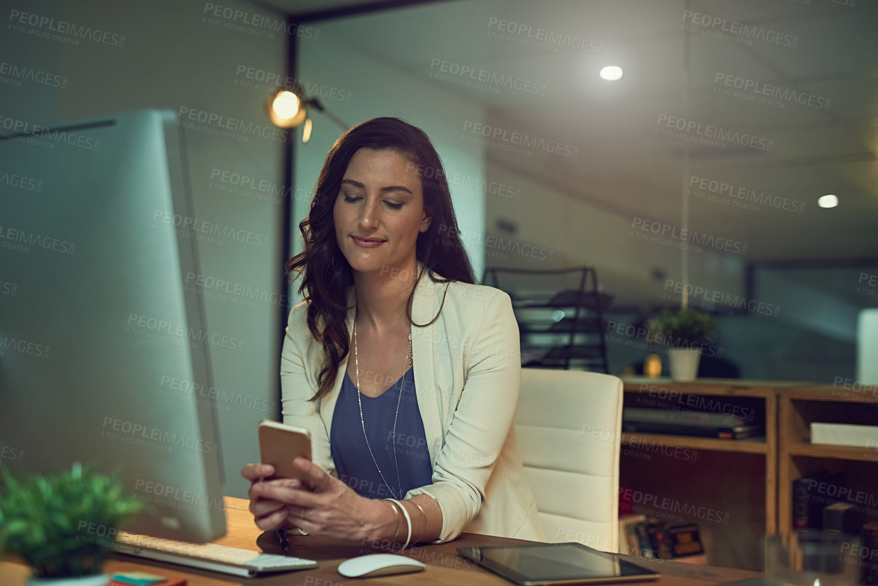 Buy stock photo Night, business and woman with cellphone, thinking and deadline with contact, app and social media. Employee, evening and consultant with smartphone, ideas and internet with schedule or reading email