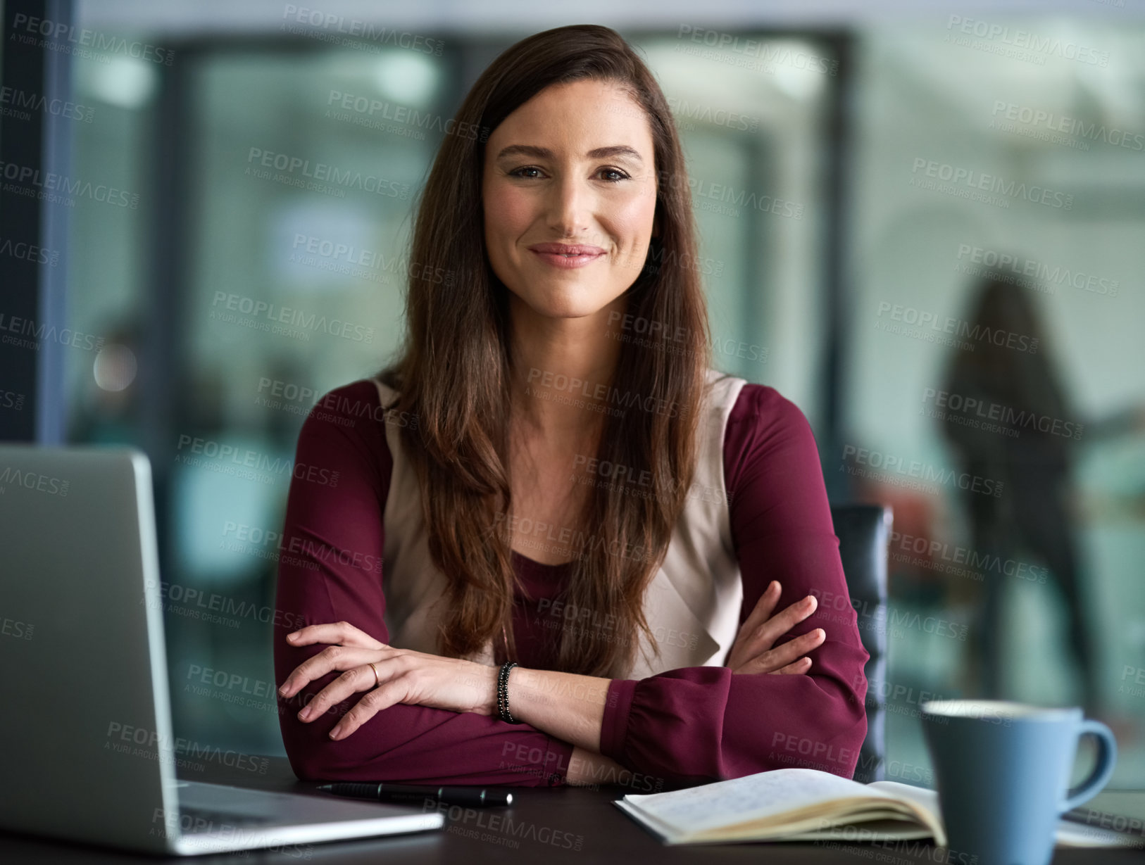Buy stock photo Woman, portrait and smile in office with laptop for web project, career review online or email feedback on digital report. Editor or journalist and tech for confident with internet research workspace