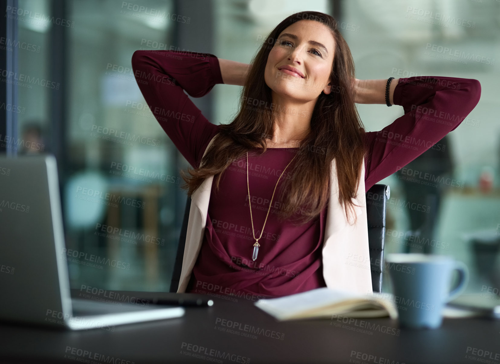 Buy stock photo Desk, relax and woman with laptop in office for peace, time management and good work balance. Journalist, editor and zen person with technology for productivity, break and success in article research
