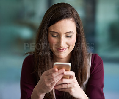 Buy stock photo Business, smartphone and busy woman or typing, text message or browsing for online social media. Connection, internet networking and communication, smile for notification  with company application