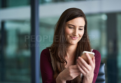 Buy stock photo Business, smartphone and reading woman or typing, text message or browsing for online social media. Connection, internet networking and communication, smile for notification  with company application