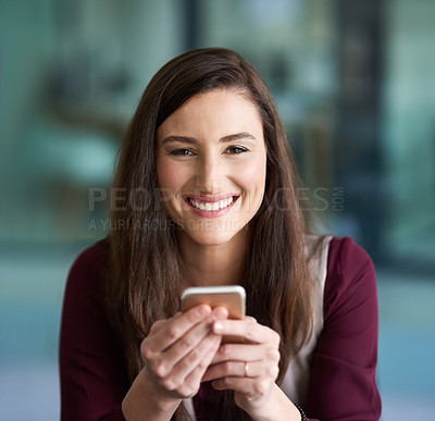 Buy stock photo Business, smartphone and happy woman in portrait, text message or browsing for online social media. Connection, internet networking and communication, smile for notification  with company application