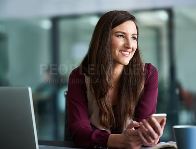 Buy stock photo Business, smartphone and woman with laptop thinking, text message or browsing for online social media. Connection, networking and communication, smile or notification or browse on company website