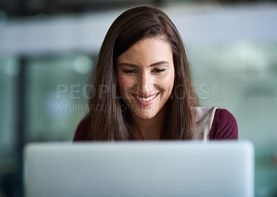 Buy stock photo Business, laptop and woman in office for work, reply to email or browsing online with social media. Connection, internet networking and communication, technology with company application for job