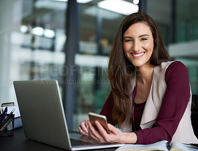 Buy stock photo Business, laptop and woman in workspace for portrait, answer email or browsing online with social media. Connection, internet networking and communication, technology with company application for job