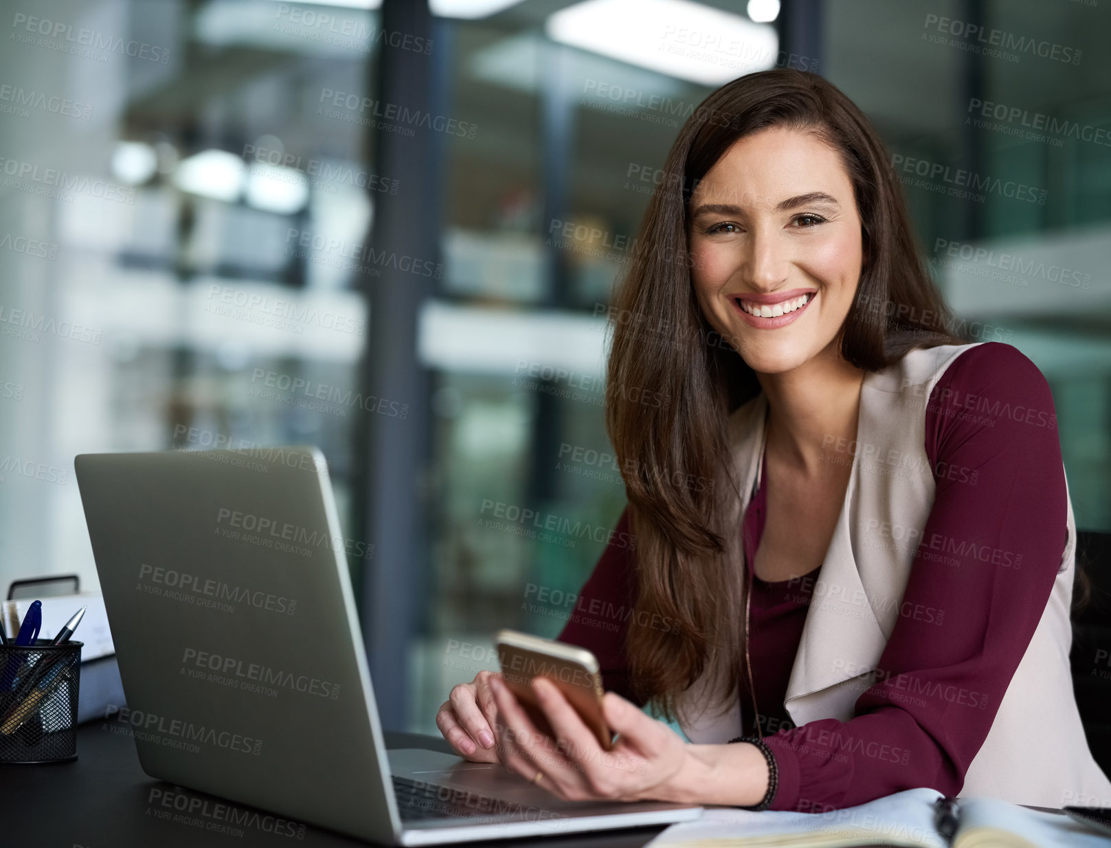 Buy stock photo Business, laptop and woman in workspace for portrait, answer email or browsing online with social media. Connection, internet networking and communication, technology with company application for job