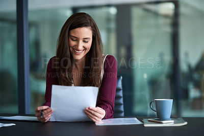 Buy stock photo Document, reading and business woman in office with pen for job promotion, onboarding or recruitment. Paperwork, career and female financial advisor with signature for company insurance contract.