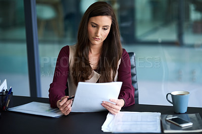 Buy stock photo Paperwork, reading and business woman in office with pen for job promotion, onboarding or recruitment. Contract, career and female financial advisor with signature for company insurance document.