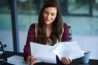 Buy stock photo Report, reading and business woman in office with pen for job promotion, onboarding or recruitment. Contract, career and female financial advisor with signature for company insurance document.