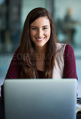 Buy stock photo Business, laptop and woman in office for portrait, answer email or browsing online with social media. Connection, internet networking and communication, technology with company application for job