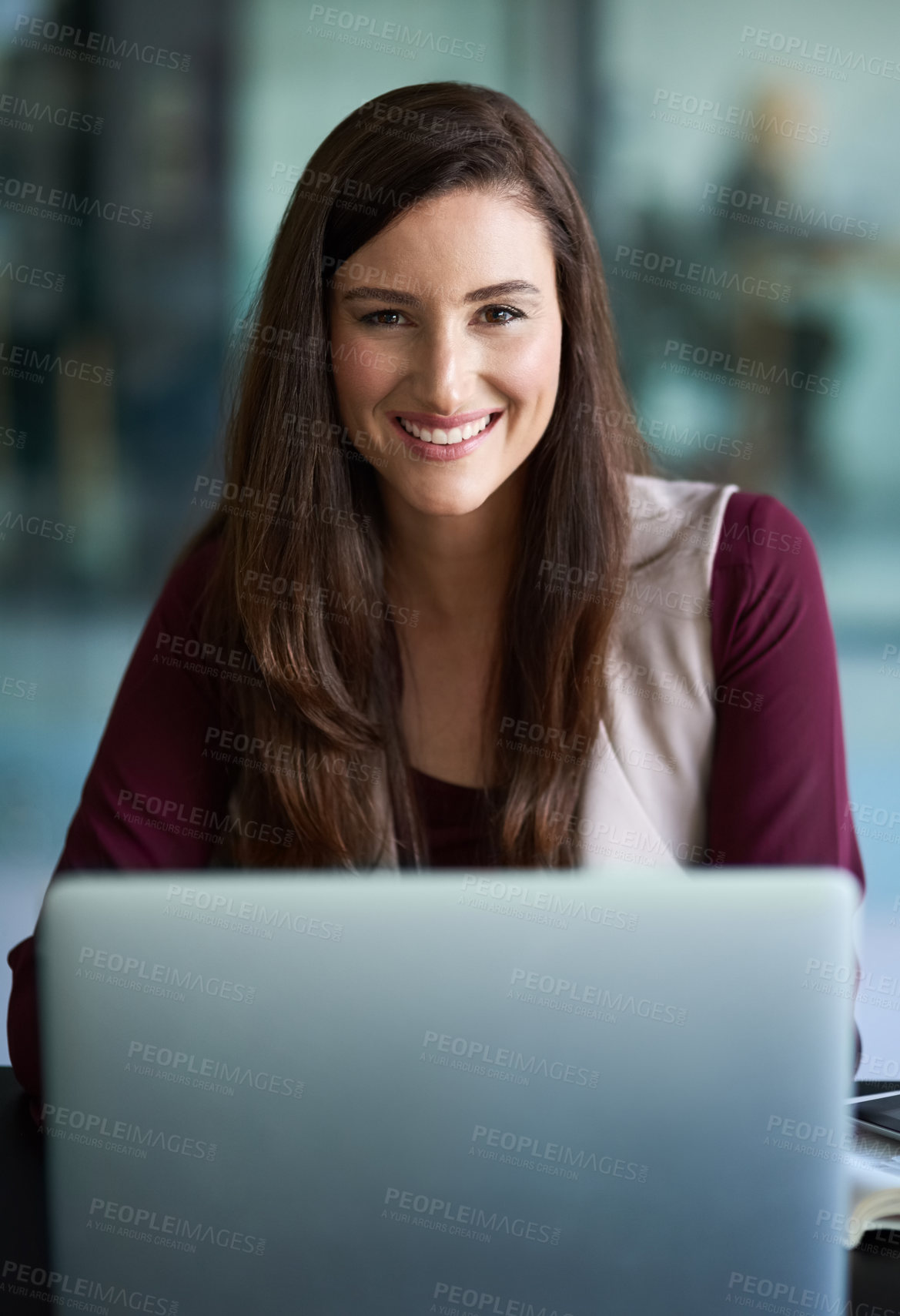 Buy stock photo Business, laptop and woman in office for portrait, answer email or browsing online with social media. Connection, internet networking and communication, technology with company application for job