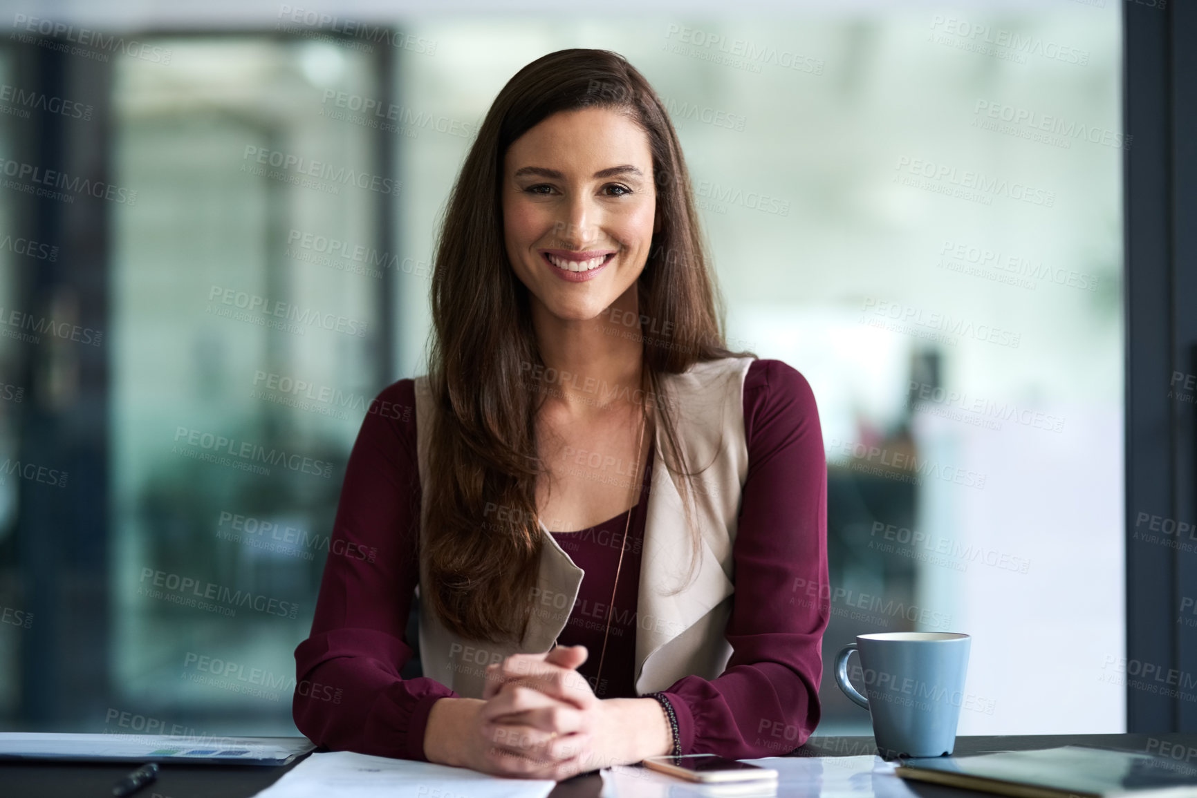 Buy stock photo Portrait, woman and smile in office for admin, confidence and career review for internship. Happiness, documents and female hr person at desk with administration and business report for company