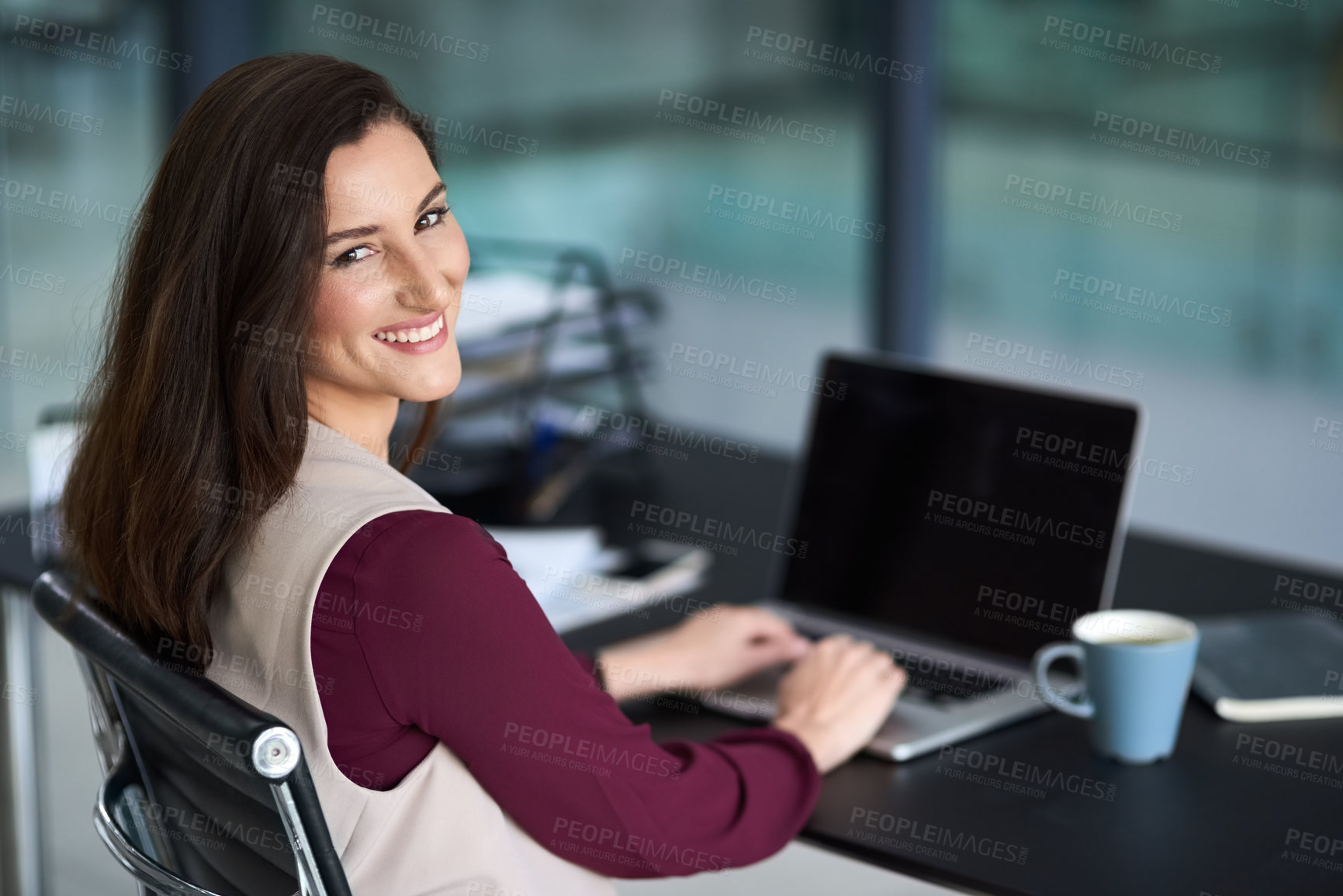 Buy stock photo Portrait, Businesswoman and smile with laptop for email, contact and connection. Female consultant, computer and technology for typing agenda or schedule of corporate startup and company project