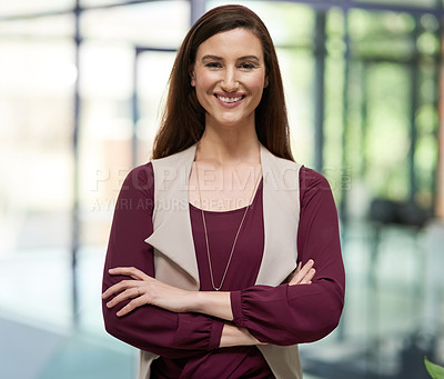 Buy stock photo Confident, business and woman for portrait in office for planning, ideas and research for company growth as Editor. Smile, journalist and arms crossed for information on development of project