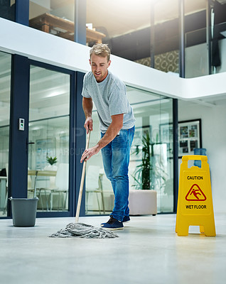 Buy stock photo Man, mopping and business office or cleaning hygiene with caution sign or water, soap or bacteria. Male person, janitor and wash service in corporate building at dirty floor or labor, health or germs
