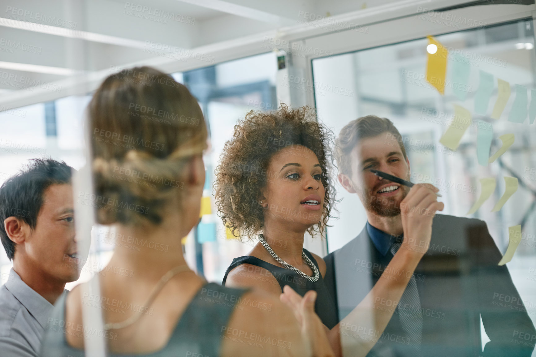 Buy stock photo Glass wall, planning and business people with review, ideas and editing team in meeting. Group, employees and manager with staff, diversity and cooperation for sales, journalist and collaboration