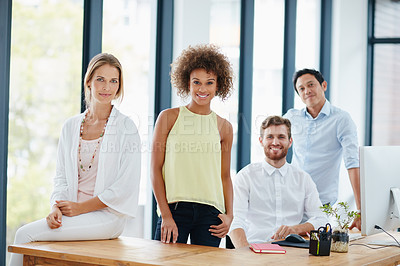 Buy stock photo Portrait of a group of businesspeople standing together in their office