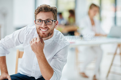 Buy stock photo Portrait of a happy businessman sitting in the office