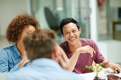 Buy stock photo Laugh, business and man with staff, conversation and planning for a new project, brainstorming and development. Male manager, employees or group with ideas, profit growth and creativity in the office