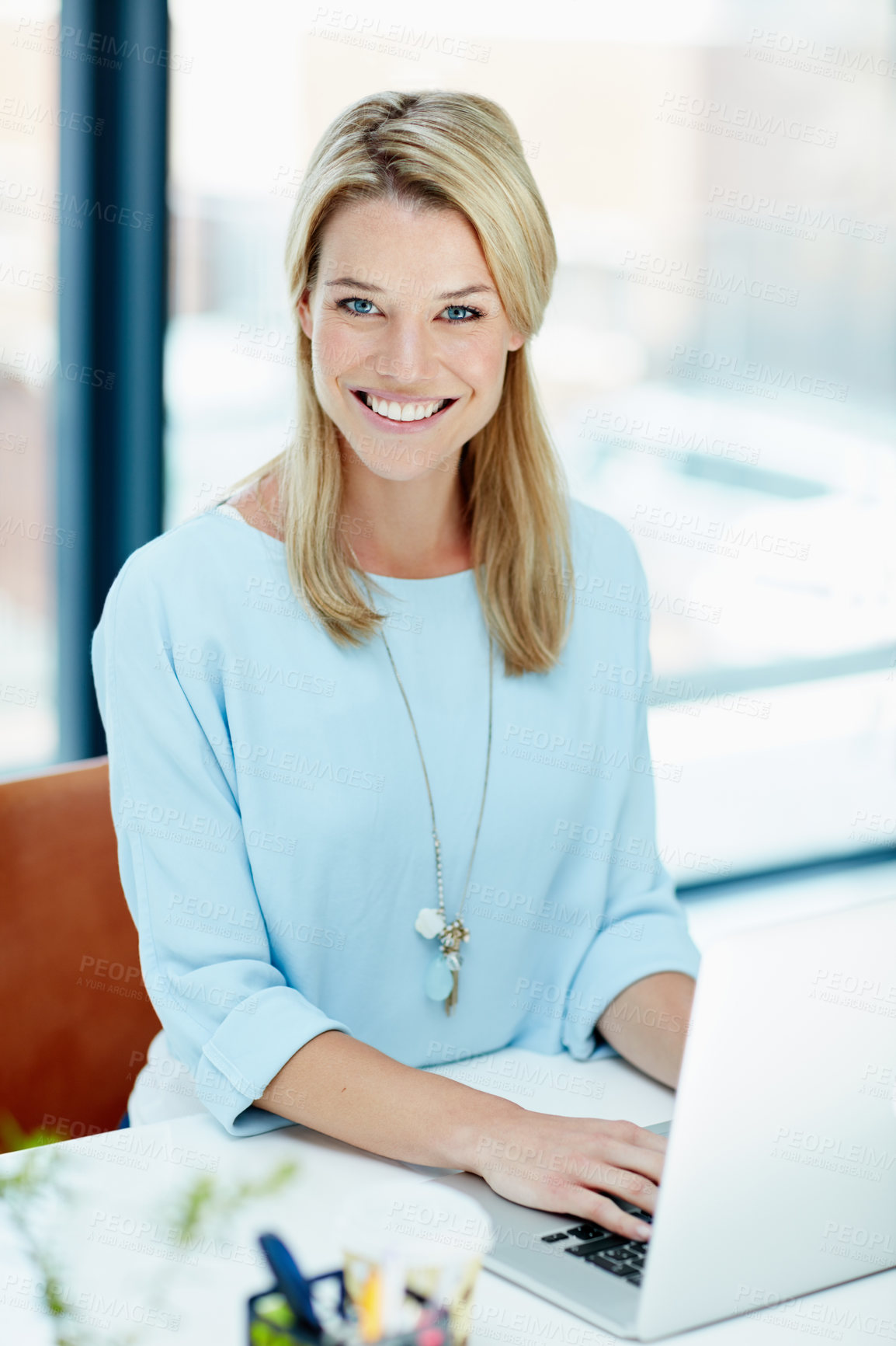 Buy stock photo Portrait, woman and typing in office with laptop for digital marketing career, research or creativity. Happy, person and browse with computer in workplace for online advertising, internet or about us