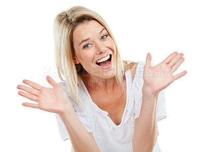 Buy stock photo Studio portrait of an attractive young woman waving her hands against a white background