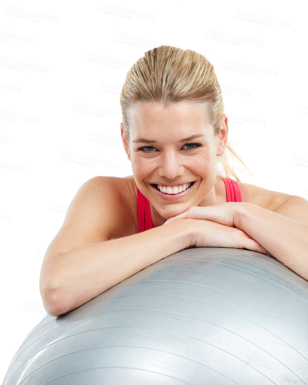 Buy stock photo Studio shot of a young woman leaning on her exercise ball