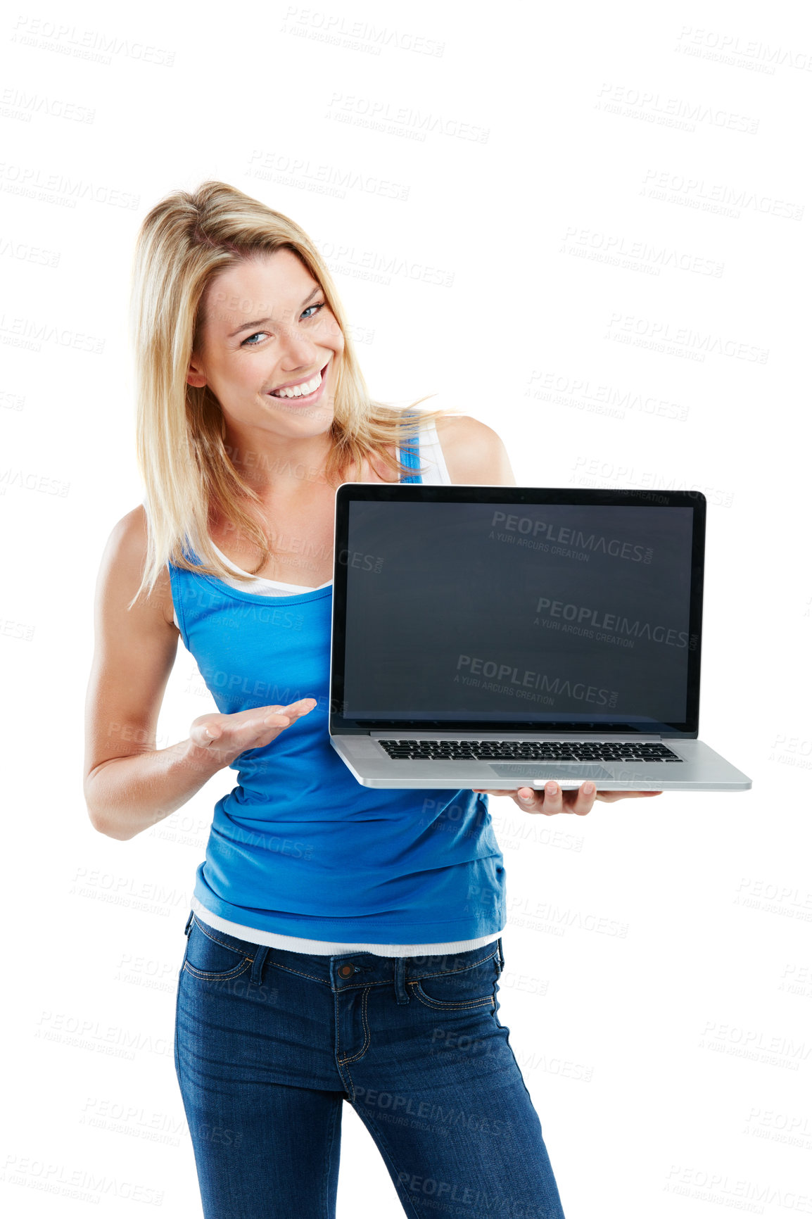 Buy stock photo Shot of a young woman holding a laptop against a white background