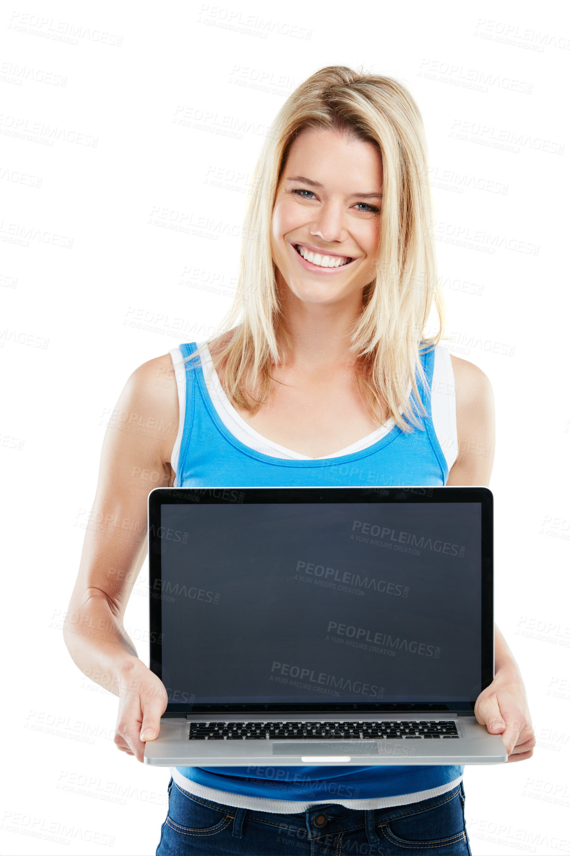 Buy stock photo Shot of a young woman holding a laptop against a white background