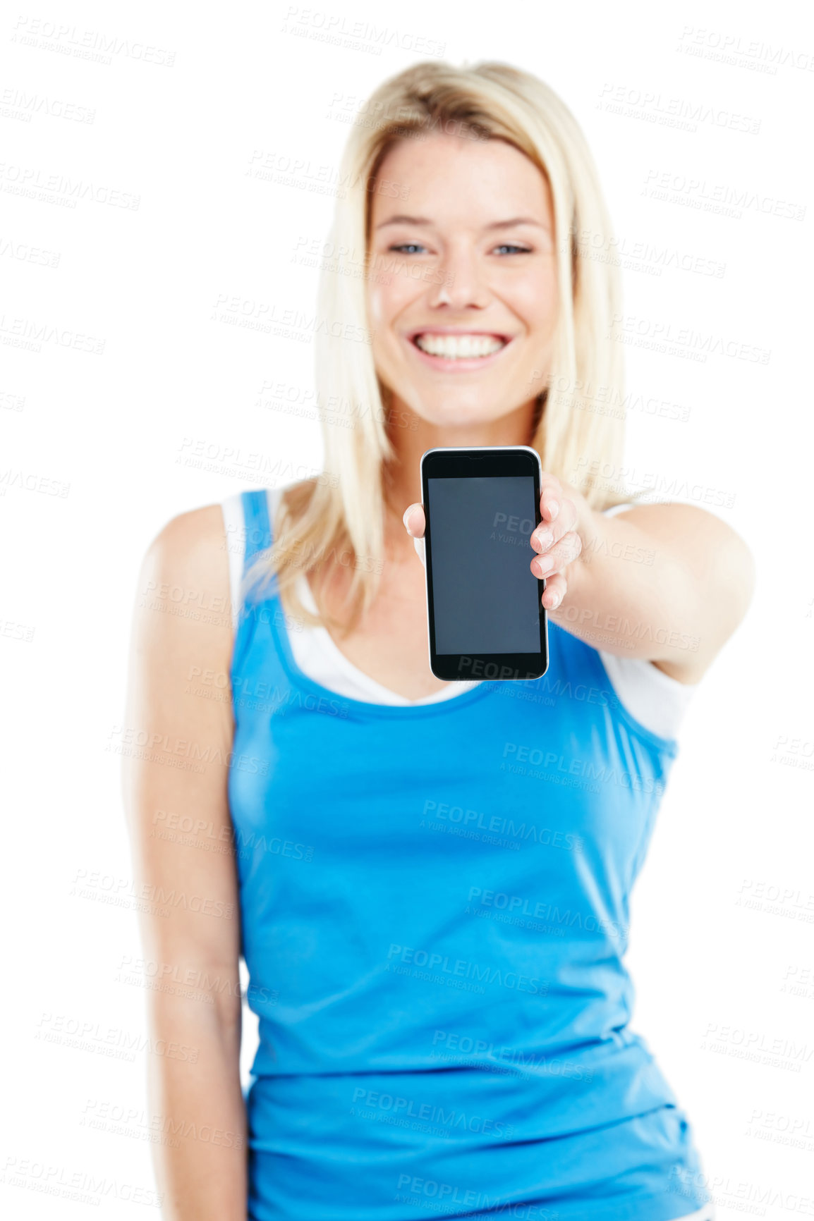 Buy stock photo Shot of a young woman holding a cellphone against a white background