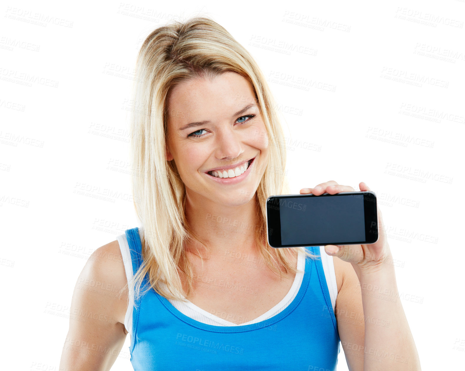 Buy stock photo Shot of a young woman holding a cellphone against a white background