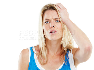 Buy stock photo Studio shot of a young woman with her hand on her head