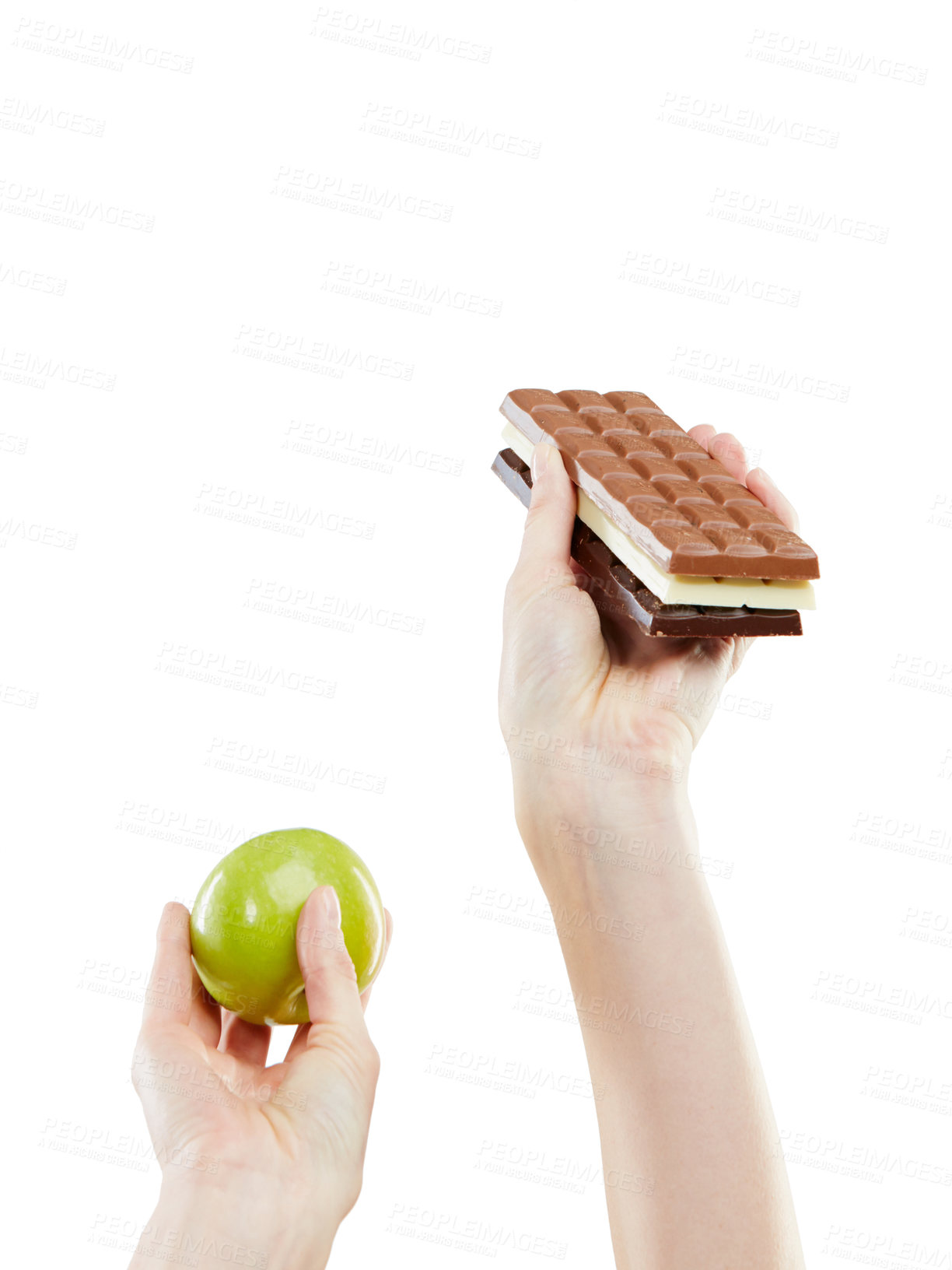 Buy stock photo Studio shot of a woman deciding between healthy and unhealthy foods