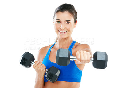 Buy stock photo Portrait of an attractive young woman working out with dumbbells against a white background