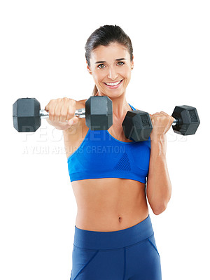 Buy stock photo Portrait of an attractive young woman working out with dumbbells against a white background