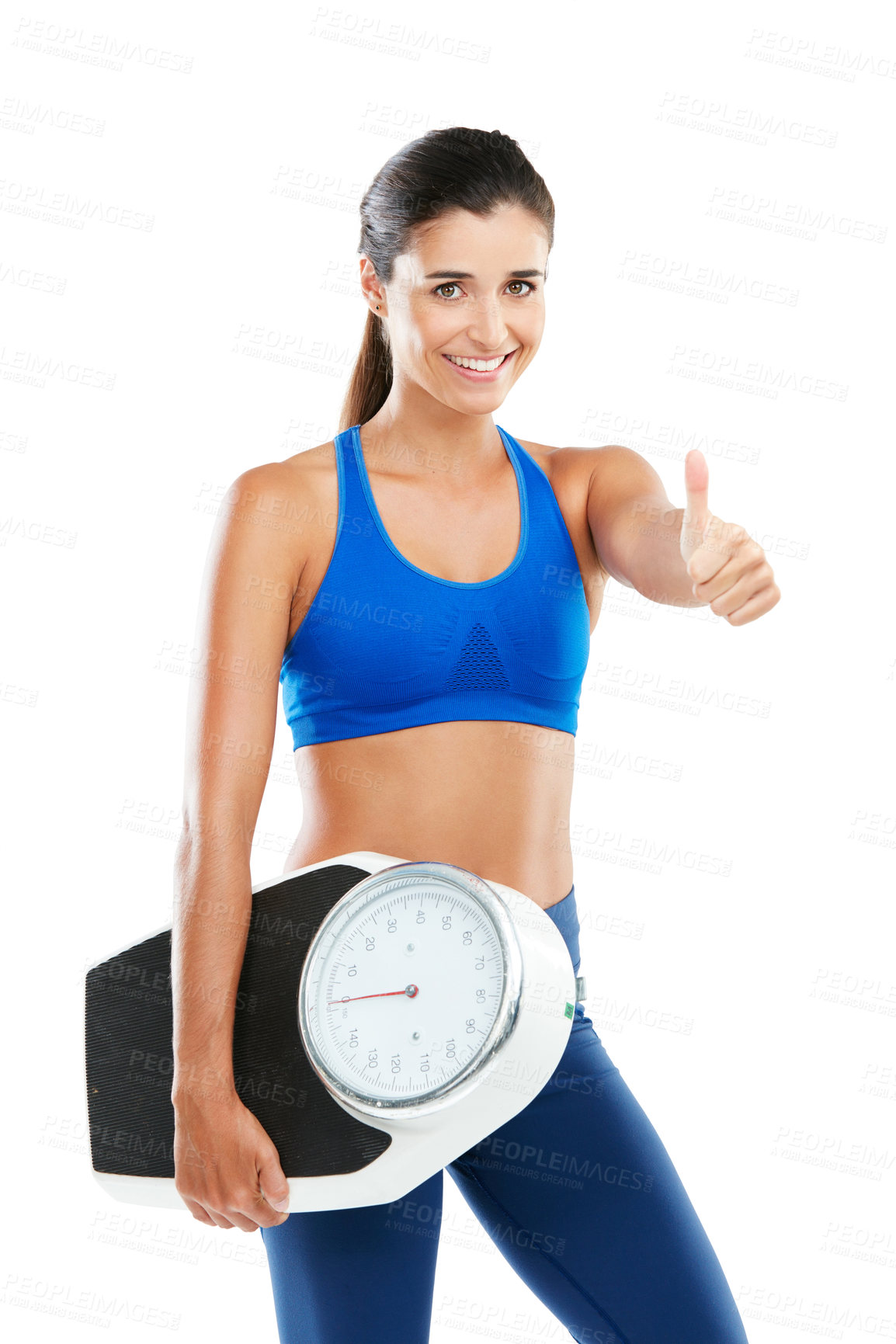 Buy stock photo Portrait of a sporty young woman holding a scale against a white background