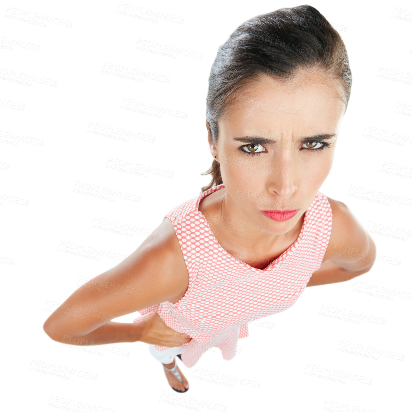 Buy stock photo Woman, angry and studio portrait with stress, frustrated and mock up space on white background. Person, frown and upset with expression, annoyed and above with negative body language in Portugal