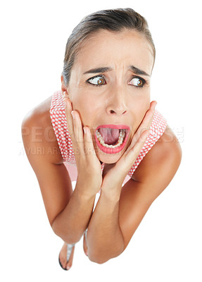 Buy stock photo Studio shot of a young woman looking scared against a white background