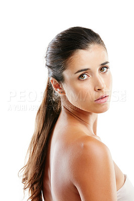 Buy stock photo Studio portrait of a beautiful young woman with a flawless complexion isolated on white