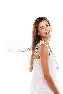 Buy stock photo Studio portrait of an attractive young woman posing confidently against a white background