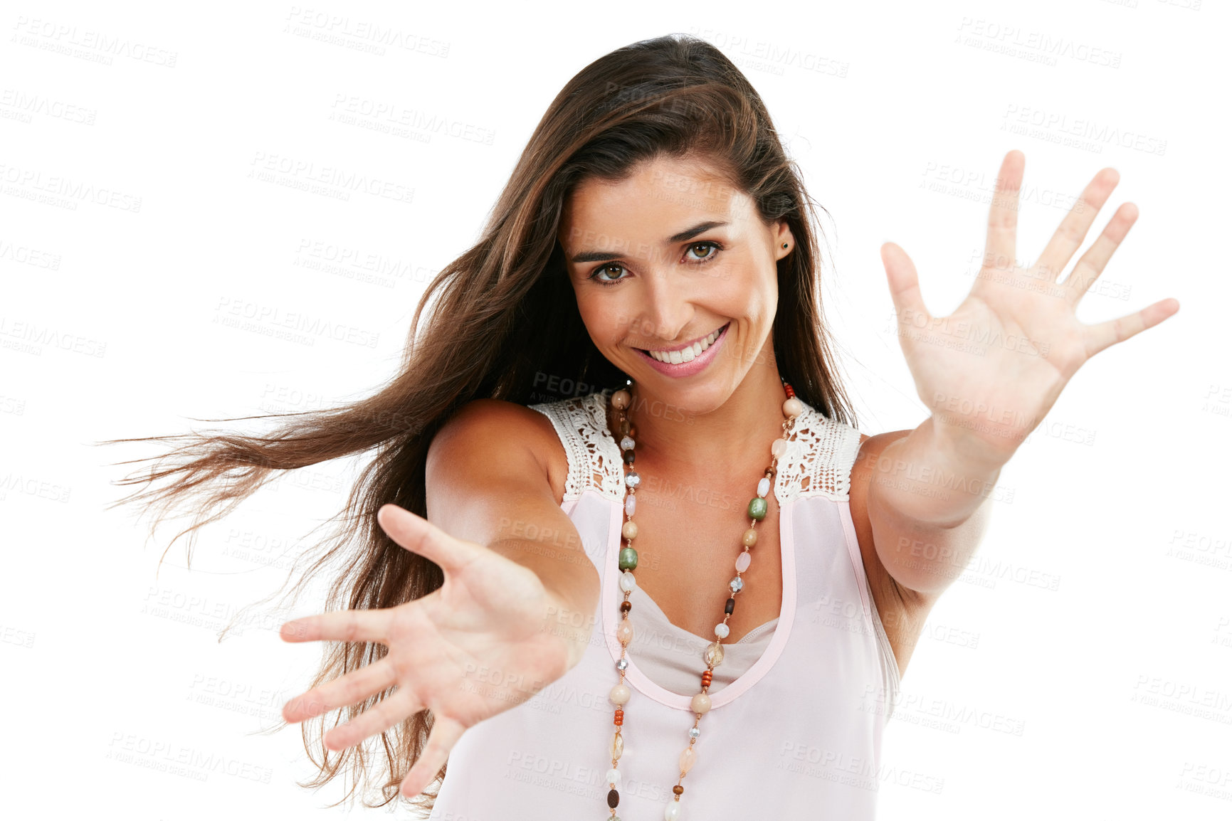 Buy stock photo Studio portrait of an attractive young woman with her arms outstretched against a white background