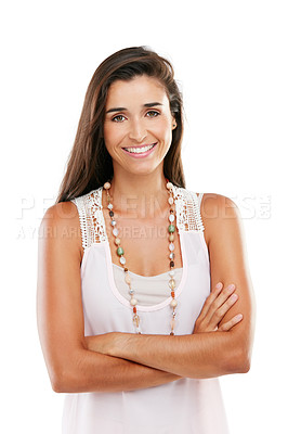 Buy stock photo Studio portrait of a confident young woman posing against a white background