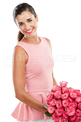 Buy stock photo Studio portrait of a happy young woman holding a bouquet of flowers against a white background