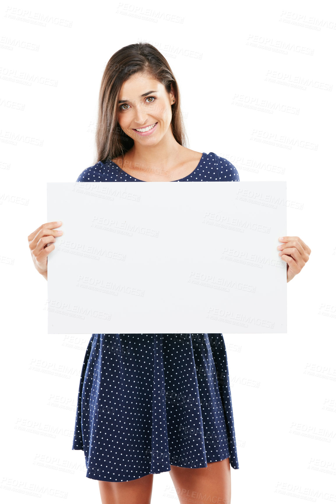 Buy stock photo Studio portrait of an attractive young woman holding a blank placard against a white background