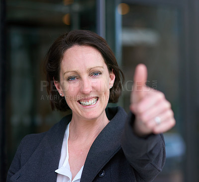 Buy stock photo Portrait, businesswoman and thumbs up in workplace for success, happiness and achievement in office. Corporate female person, excited and congratulations with pride for agreement, yes and smile