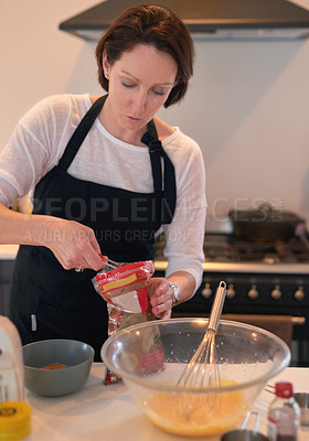 Buy stock photo Woman, kitchen and baking in home, measure and ingredients for weekend activity. Food, pastry and cooking with recipe for hobby and fun, prepare and cake or baker in house for dessert or pudding