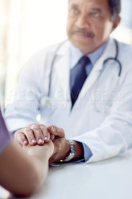 Buy stock photo Healthcare, support and doctor with hand of patient for help, trust and medical care in hospital. Male person, health professional and empathy with medicine advice, diagnosis and communication