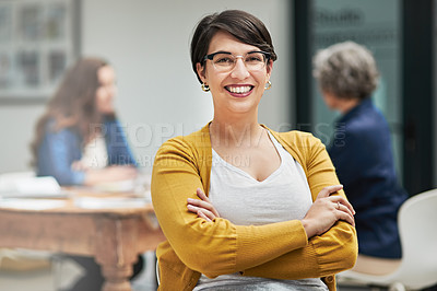 Buy stock photo Portrait, smile and woman with arms crossed, business people and confidence with startup. Face, group and staff with team leader, career ambition and pride for creative agency, employee or consultant