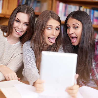 Buy stock photo Women, students or tablet selfie in college library or bonding together for crazy update on social media. Learners, touchscreen or post online as goofy friends or solidarity with care in university