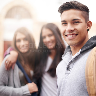 Buy stock photo Education, university and portrait of man with smile ready for studying, education and learning together. Friends, scholarship and happy male and women students smile for school, academy and college