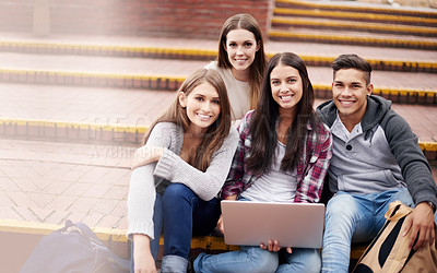 Buy stock photo Portrait of friends with laptop on campus steps, happiness and online education in college with diversity. Learning, studying and students at university with smile, internet and future opportunity.
